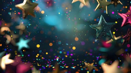 Blurred festive background mockup with golden and colorful star decorations floating in bokeh lights with copy space