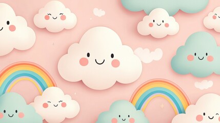 Science meteorology education concept. Playful clouds and rainbows on a pastel pink background.