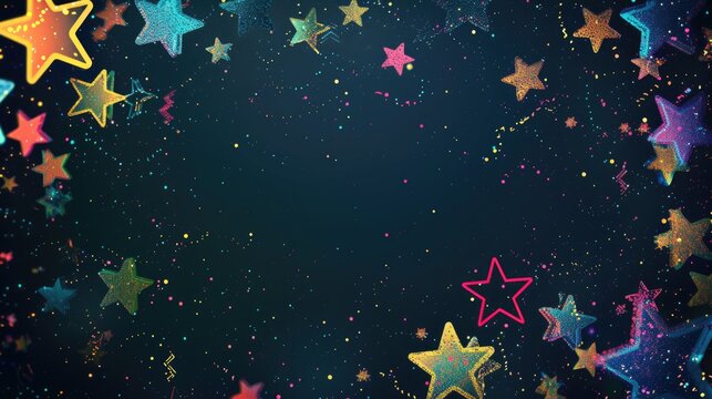 Colorful stars and confetti on dark blue background with empty space for text, festive celebration design