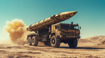 Obraz premium Armored military truck with a missile launcher stationed in a desert under a clear sky, representing a World War scenario