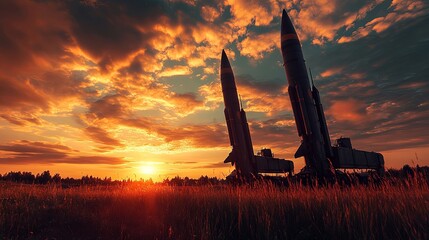 Preparation of military missiles at sunset on a vast open field