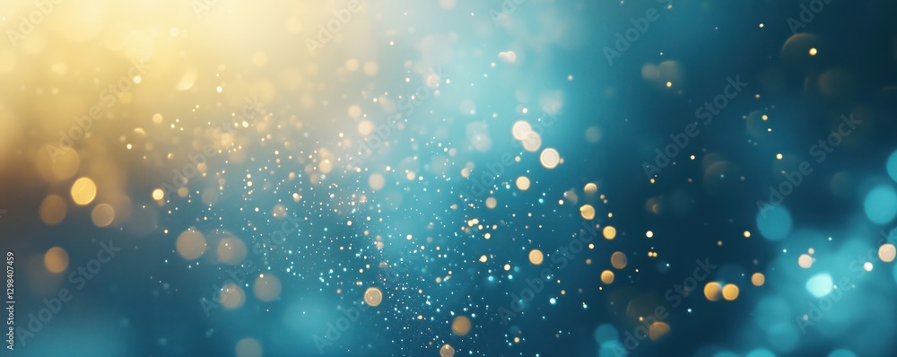 Poster bokeh background with shimmering golden and blue particles creating a dreamy atmosphere, copy space 