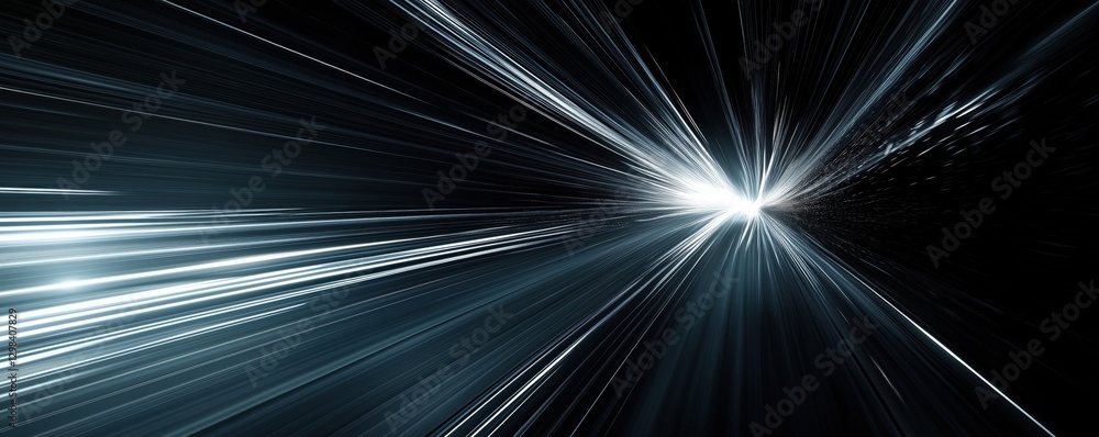 Poster dynamic light rays creating a sense of speed and motion in a dark background, copy space for text