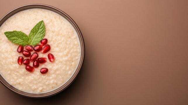 Creamy bowl of porridge topped with red beans and fresh mint lea
