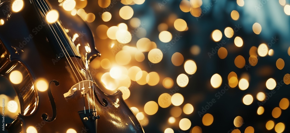 Poster elegant violin illuminated by warm bokeh lights creating a magical atmosphere, copy space for text