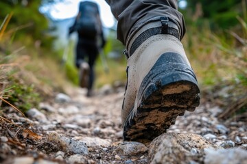 A person is walking along a dirt path with their feet lifted off the ground