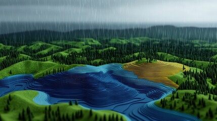 Science meteorology education concept. Digital landscape with rain, hills, and a body of water.