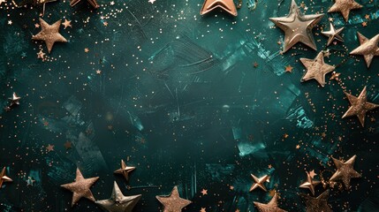 Elegant copper star decorations on dark green festive background with glitter particles and empty center space for text