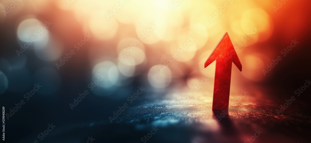 Poster red arrow symbolizing growth and progress against a blurred colorful background, copy space for text