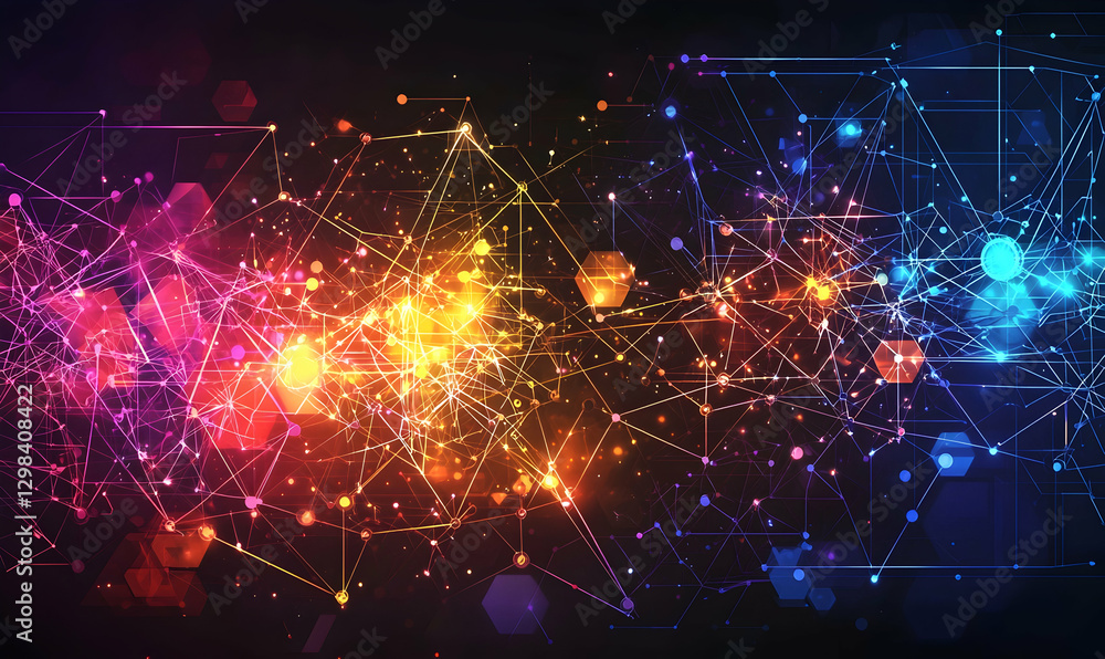 Fototapete connected nodes and polygons depict a tech network illustration.