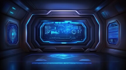Fototapeta premium Futuristic control room with blue digital interface and holographic displays. Science fiction technology