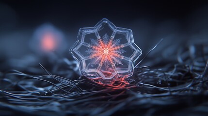 Crystal snowflake with glowing red center resting on frozen surface in dark winter scene. Futuristic winter design