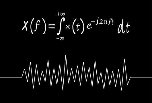 Fourier transform formula and vibration drawing with handwriting on chalkboard. Math background.
