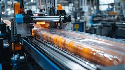 Manufacturing of plastic packaging film on an automatic packing machine in a food processing factory, representing industrial and technological concepts