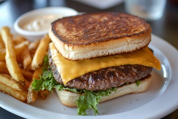 Gourmet Cheeseburger Meal: A mouthwatering, close-up shot of a delicious cheeseburger served with golden french fries and creamy dipping sauce, perfect for food lovers.