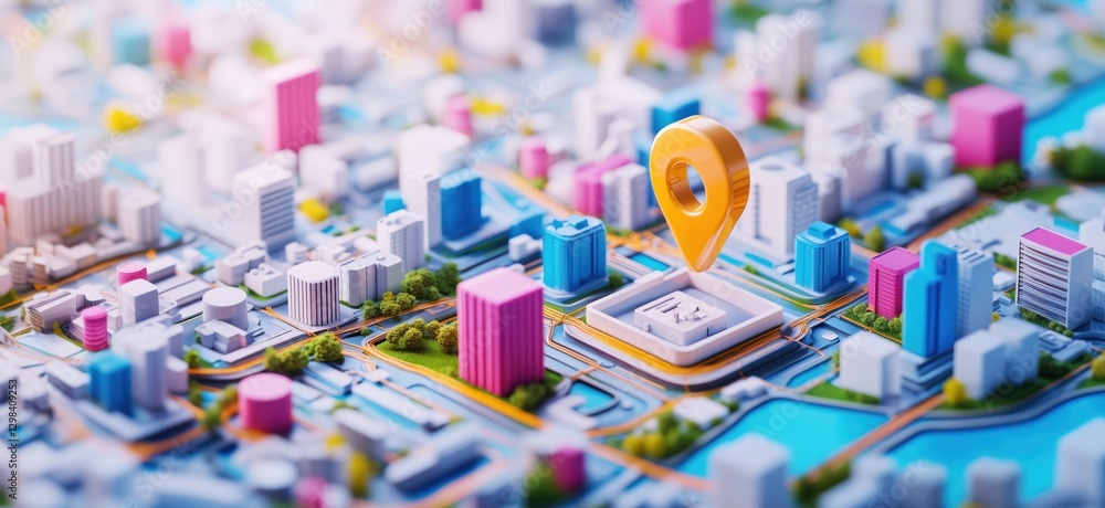 Poster 3d city map with location pin highlighting specific area in vibrant colors, copy space for text