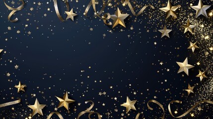 Fototapeta premium Elegant gold stars and flowing ribbons on deep navy blue background with glittering particles, luxury celebration concept