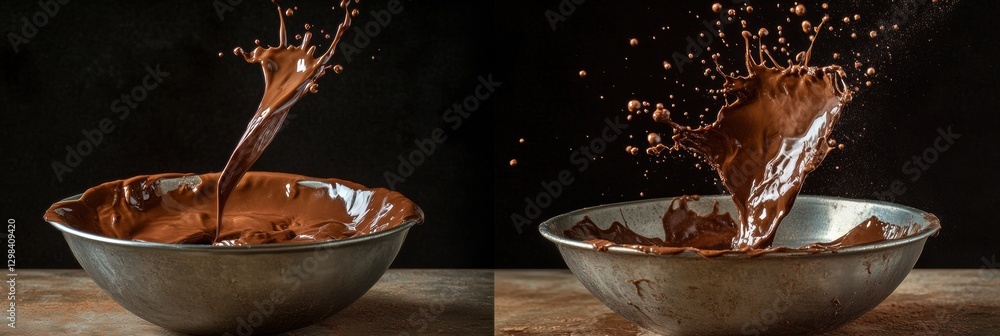 Fototapete chocolate splashing from metal bowl creating dynamic motion in the kitchen. generative ai