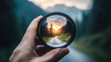 Sunset landscape viewed through camera lens held by hand, nature focus concept. Vision and perspective