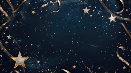 Elegant gold stars and flowing ribbons on deep navy blue background with glittering particles, luxury celebration concept