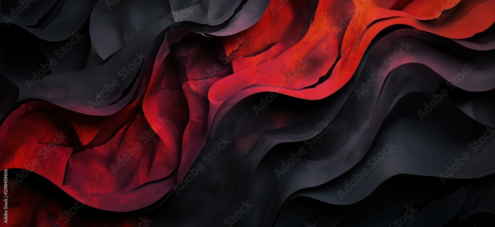 Poster abstract red and black textured waves creating dynamic visual flow and depth, copy space for text