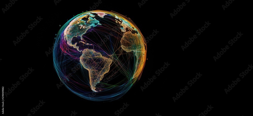 Poster global network visualization showcasing interconnected data across continents, copy space for text
