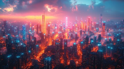 Obraz premium Vibrant cityscape illuminated by neon lights at twilight showcases modern urban life