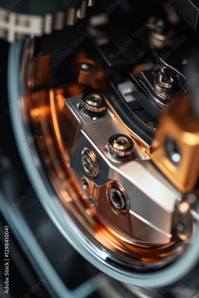 Poster a close-up view of a mechanical device featuring a clock mechanism