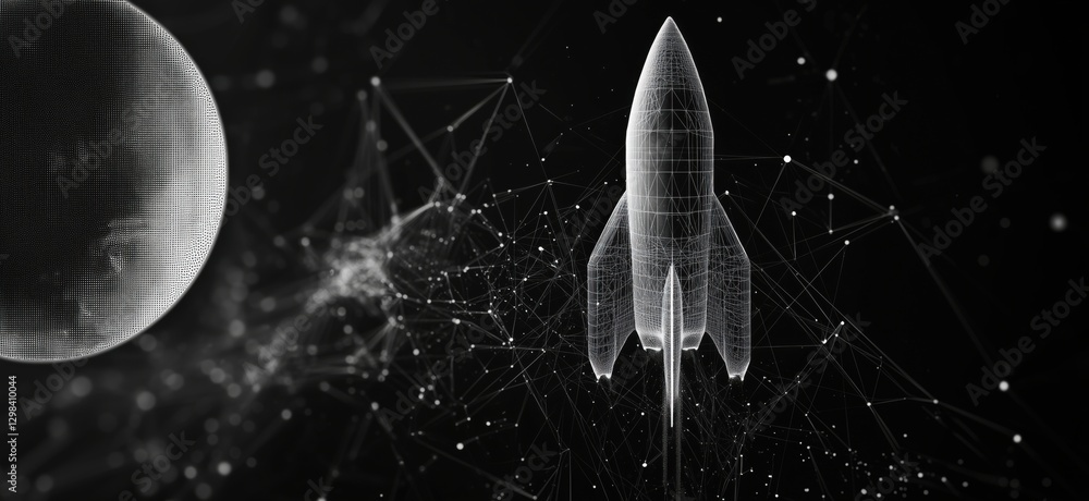 Poster futuristic rocket launch in space with digital wireframe design and cosmic background, copy space fo