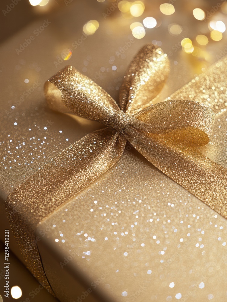 Poster golden gift box wrapped beautifully with a sparkling ribbon sits on a shiny surface in a festive atm
