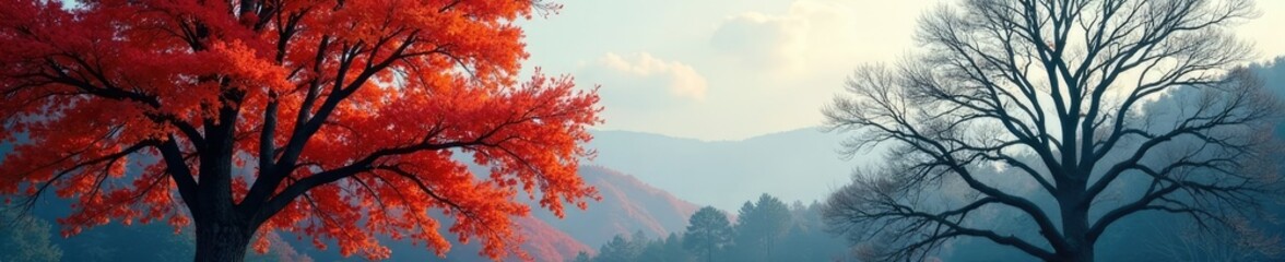 Evergreen and deciduous trees contrast with bare branches in winter, deciduous, tree