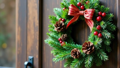 Evergreen and cedar wreath with ribbons and pinecones, decorative wreath, fragrant, pinecones