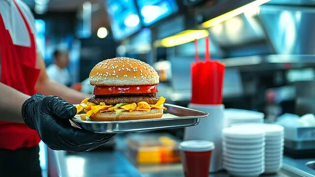 A fast food cashier hands a tray with a delicious burger combo to a customer, with a bustling, vibrant restaurant atmosphere featuring dynamic, modern decor and bright lighting tha