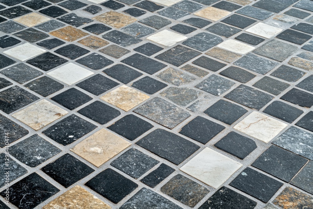 Poster a close-up shot of a black and white tiled floor with clean lines and geometric patterns