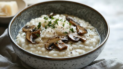 Creamy mushroom risotto in bowl, cheese, grey background