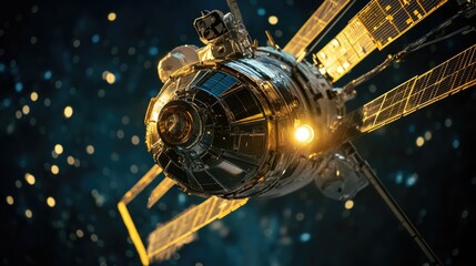 A close-up view of a space station orbiting high above the earth