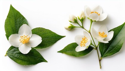 set of beautiful jasmine flowers and branchs isolated on white background closeup top view copy space