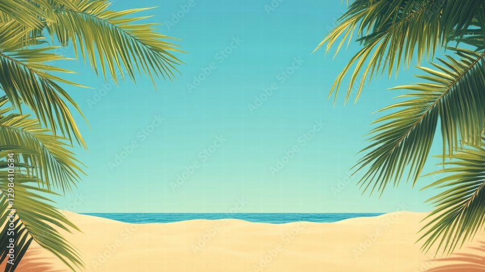 Aufkleber Sunny beach view framed by palm trees with gentle waves rolling in and a clear blue sky in the background. Generative AI