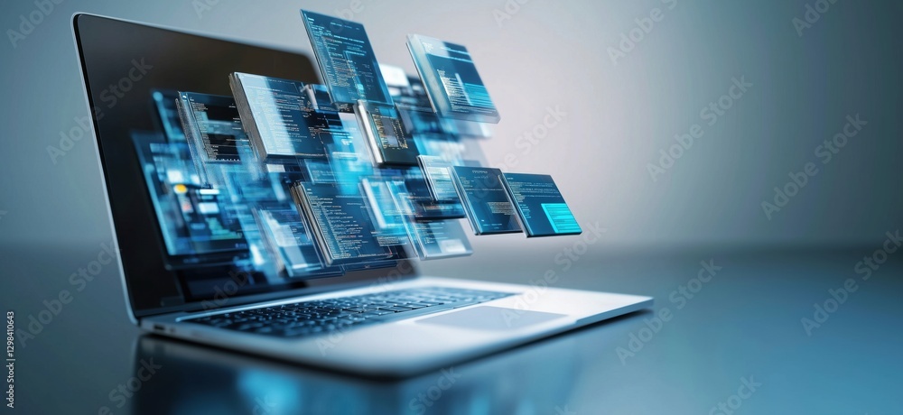 Poster digital data flow emerging from laptop screen showcasing modern technology and programming, copy spa