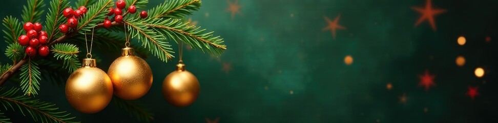 Evergreen sprig with red berries and golden ornaments hanging from it, holiday, gold, red berries