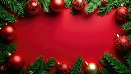 Evergreen pine tree ornaments scattered around a festive red holly background, Christmas decor, festive atmosphere, festive elements