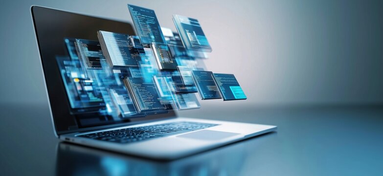 Digital data flow emerging from laptop screen showcasing modern technology and programming, copy space for text