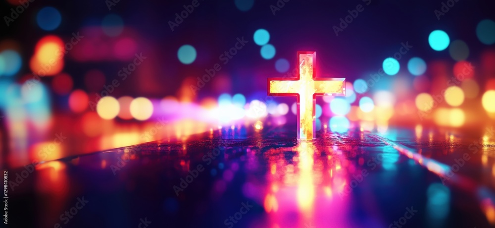 Poster illuminated cross on reflective surface with colorful bokeh background at night, copy space for text