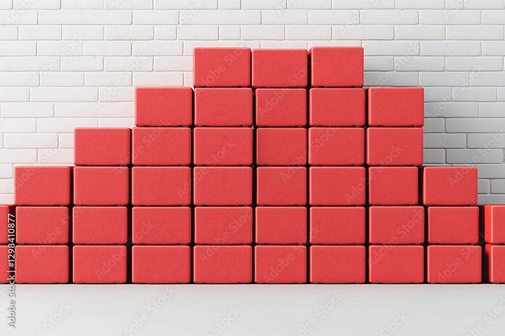 Poster a stack of red boxes arranged in a pyramid shape against a white brick wall, creating a vibrant and 
