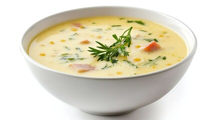 Creamy soup in white bowl, isolated, garnished with herbs