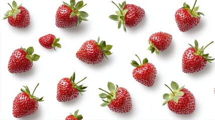 Fresh strawberries scattered on a white background, vibrant and juicy. Perfect for health and wellness themes.