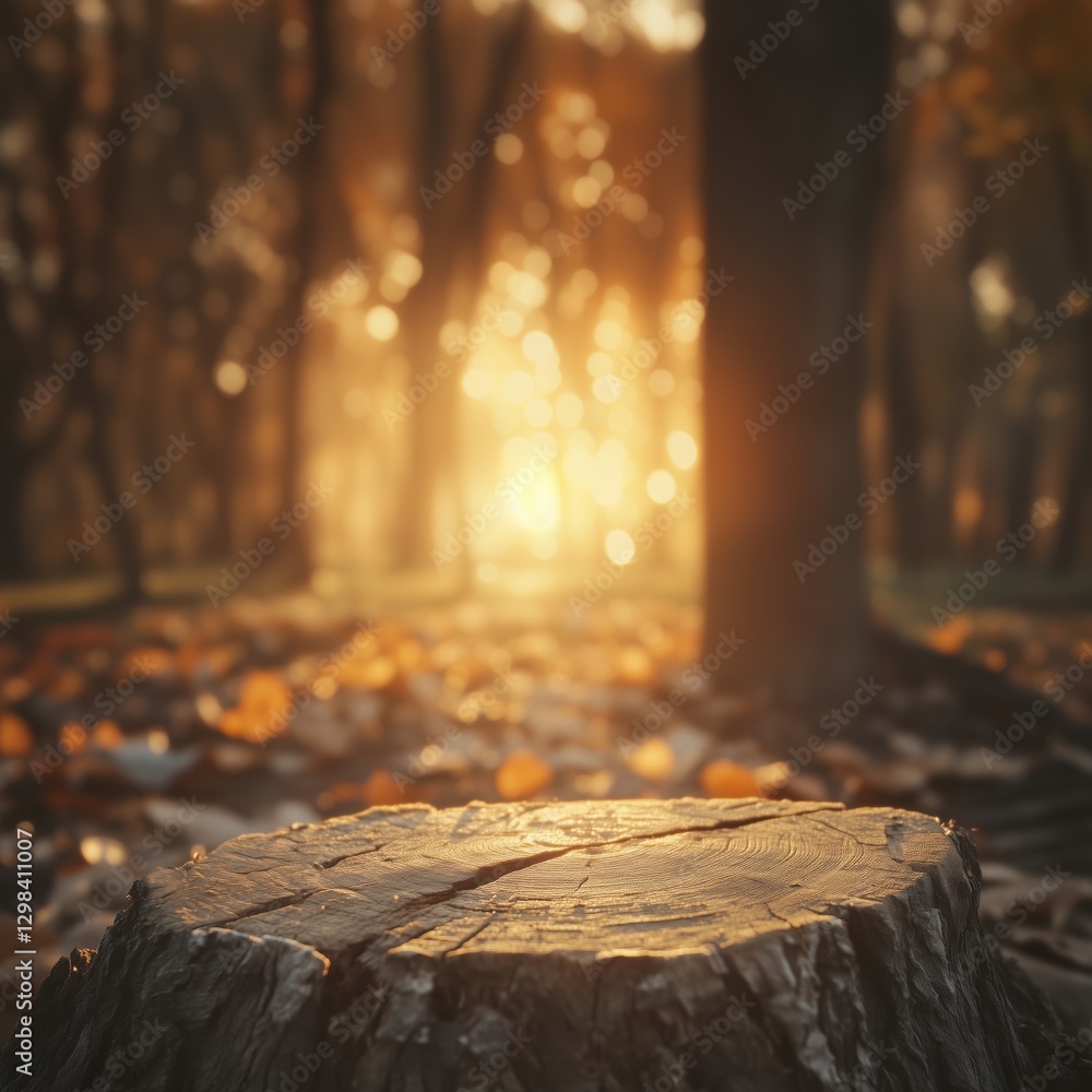 Poster stump in autumn forest with soft sunlight and bokeh background, copy space for text