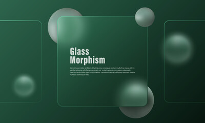 Website landing page template with glass morphism effect. Presentation carousel with glass overlay effect on floating gradient spheres. Frosted glass effect on dark background.