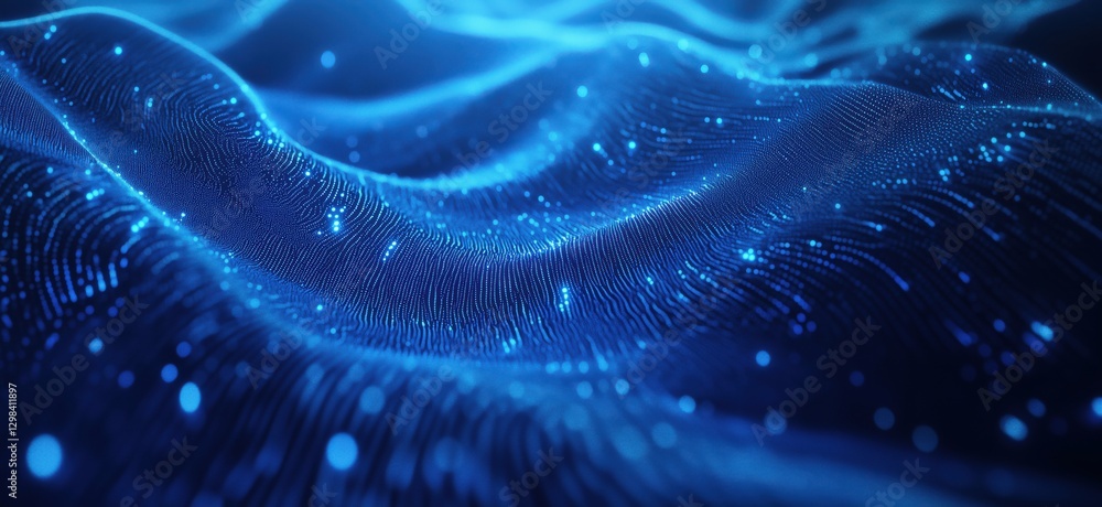 Poster abstract blue wave patterns with glowing particles in digital landscape, copy space for text
