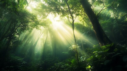 Obraz premium Sunlight filters through lush trees in an enchanting forest setting.